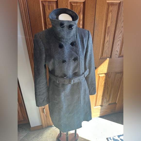 GUESS Sz Large Wool Blend Black White Peacoat Double Breasted Belted Old Money - Picture 1 of 14